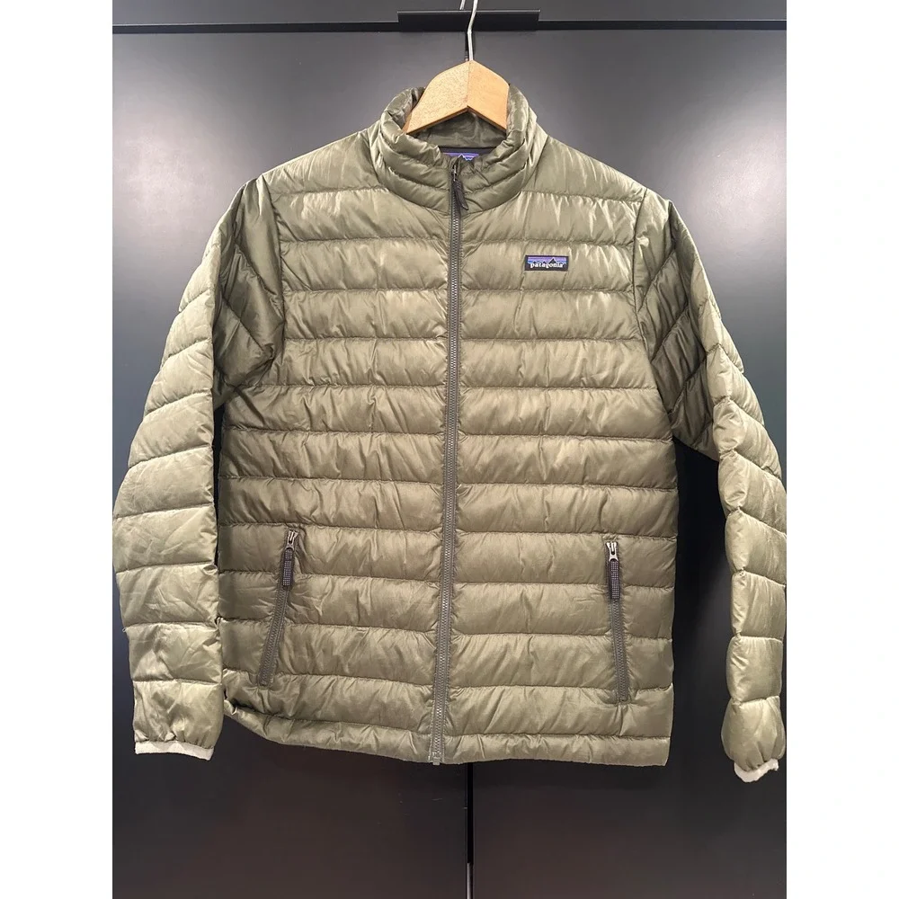 Patagonia Kids XL 14 Down Sweater Jacket Sage Green Olive Puffer Full Zip